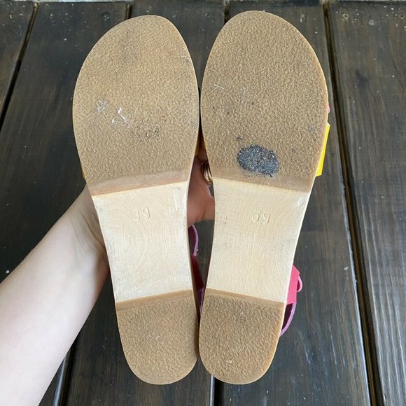 Swedish Hasbeens Toffel Multi Leather Wooden Heel Clog Sandals Size EU 39 US 8.5 - Picture 7 of 12